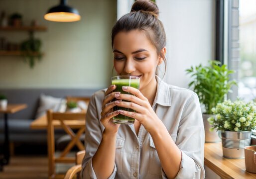 Young woman smiling while drinking green juice in cozy café with wooden interior and plants - Powered by Adobe