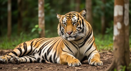 Obraz premium Magnificent bengal tiger resting peacefully in its natural habitat forest setting