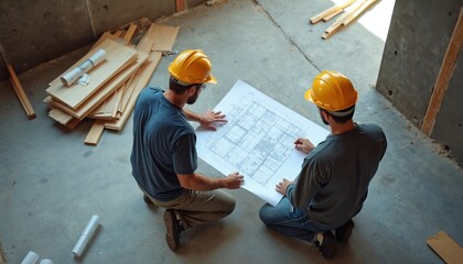 Two engineers in hard hats review blueprint at construction site. Male builders discuss project drawing sitting on concrete floor. Colleagues examine house plan together teamwork on building