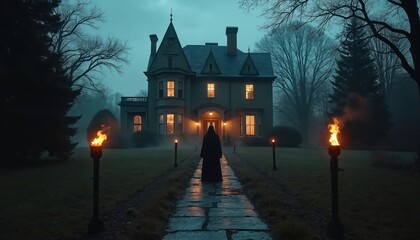 Silhouette walks toward haunted Victorian mansion at night. Torches light wet path. Creepy figure approaches old gothic house. Spooky atmosphere, mist.