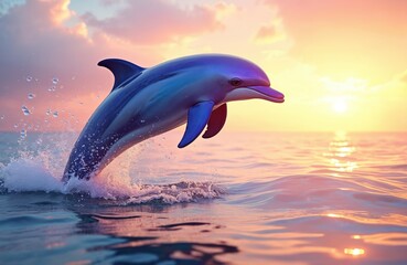 Blue dolphin leaps from ocean water splashing. Sunset sky with pink clouds reflects on sea surface. Bubbles rise near playful marine mammal during golden hour.