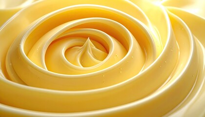 Abstract swirl of creamy, pale yellow substance.  Circular patterns, concentric rings, and a peak in the center.  Soft light highlights the textures