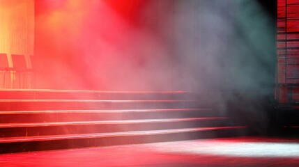Colorful stage lighting creates a dramatic atmosphere for a performance setting