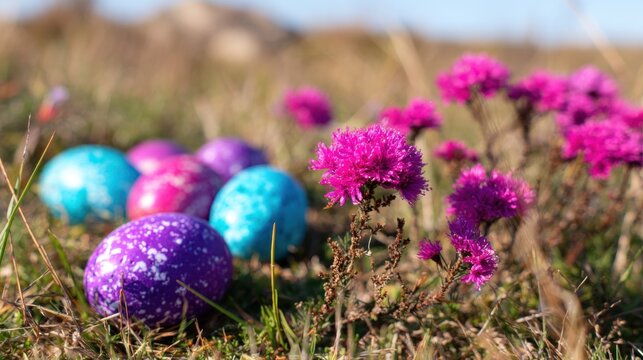 Colorful Easter eggs among blooming flowers in a sunny field