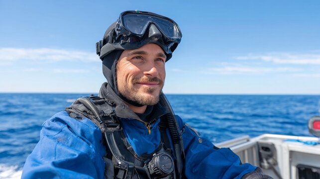Man in wetsuit taking selfie on boat in ocean.
