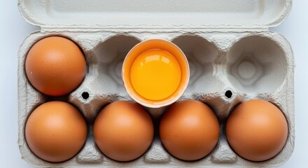 Egg carton with brown eggs and a single egg yolk in open shell