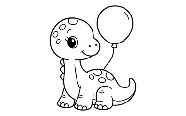 Obraz premium Cute cartoon dinosaur with balloon in black and white outline drawing for kids