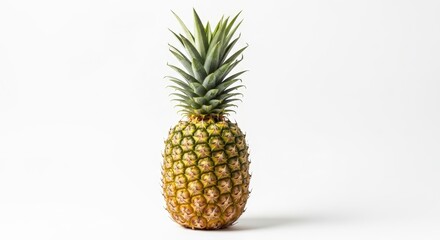 Fototapeta premium A whole ripe pineapple with vibrant green leaves standing upright on a clean white background, showcasing its textured skin.