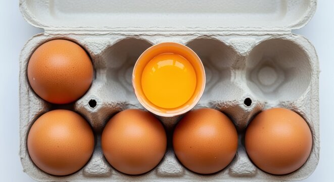 Egg carton with brown eggs and a single egg yolk in open shell