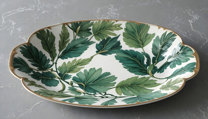 Vintage plate with green leaves and fresh healthy food on a white plate