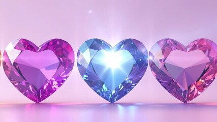 Three lines of varying colorful crystal hearts in different arrangements, an abstract video art for love and romance concept - Powered by Adobe
