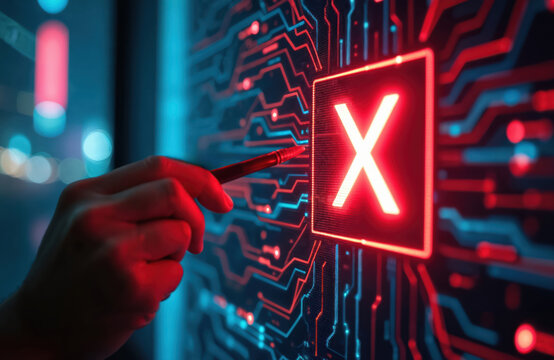 Hand with pen points at digital screen with a red cross symbol on it. Tech error warning system failure is visible. Cyberspace security concept is revealed.
