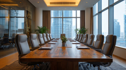 Modern conference room with large windows and wooden table for business meetings