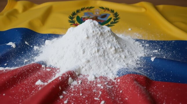 White powder pile spilled on crumpled Venezuela national flag
