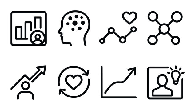 Dark themed business and technology icons for data analysis and networking concepts