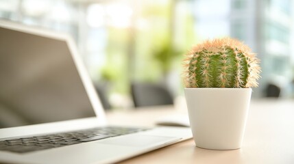 Cactus in a white pot beside a laptop on a wooden desk in a bright office