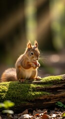 A captivating glimpse of woodland serenity: A squirrel's tranquil meal amidst mossy log