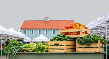 Fresh produce on display at a farmers market near a blue building
