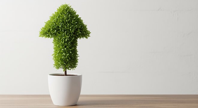 Green plant shaped as an upward arrow in a white pot on wooden surface. Perfect for growth, success, and eco-friendly business concepts. Clean minimal style works for presentations. - Powered by Adobe