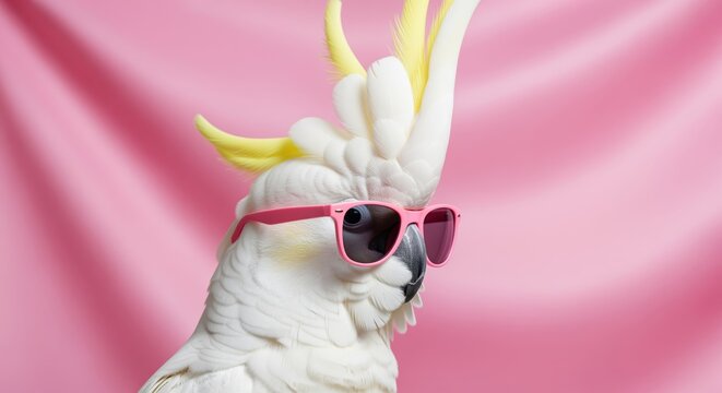 A white cockatoo with a bright yellow crest wears trendy pink sunglasses against a soft pink backdrop. Fun and playful concept perfect for social media, party themes, or humor content.