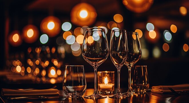 Empty wine glasses arranged on a table with glowing candles and warm bokeh lights in the background. Perfect for restaurant menus, romantic dinner promotions, or elegant event materials.