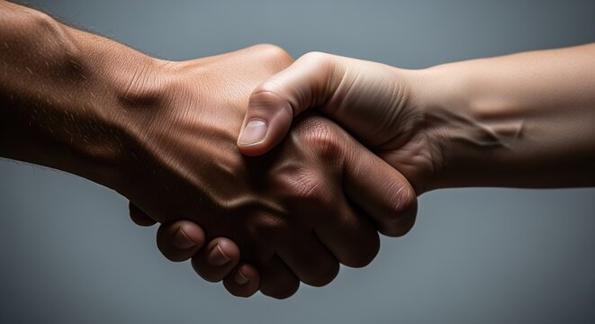 Two hands clasp together in a firm handshake showing connection between different skin tones. Perfect for themes of unity, partnership, agreement, and diversity in business or social settings.