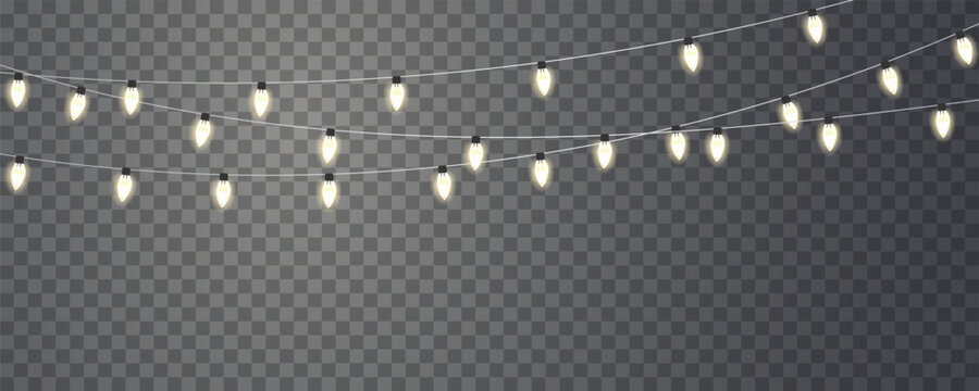 Christmas string lights, shiny, festive, soft yellow bulbs. Warm, glowing string lights hanging on black wires, Twilight glow creating a cozy, perfect for celebrations, parties holiday decorations.
