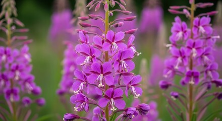 A cascade of vibrant purple fireweed blossoms in a lush botanical garden setting
