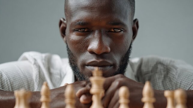 Man playing chess, intense focus, competitive athlete