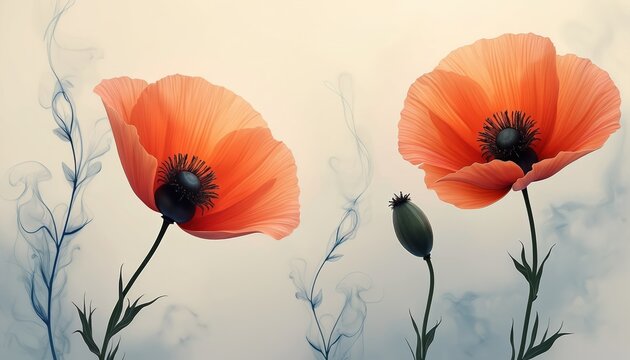 Red poppy flowers, green bud on light background. Ethereal blue smoke plants create surreal mood. Delicate modern botanical illustration with fragile petals, stems. Elegant floral composition for