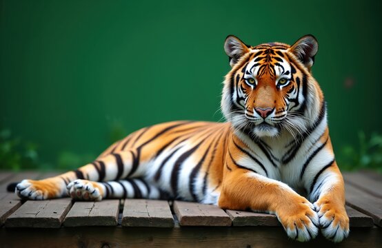 Magnificent tiger lounges on wood. Big cat rests. Wild animal is lying in a relaxed pose. Predator watches calmly with its eyes. Siberian tiger has black stripes with blur background.