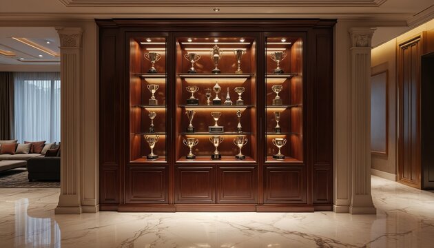 Wooden trophy cabinet with golden cups in luxury interior. Illuminated shelves showcase collection of awards. Prize display success, achievement, victory. Champion prizes for business sport