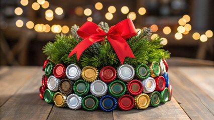 Christmas wreath made from green pine branches and colorful bottle caps with red bow, showing eco friendly energy and festive creativity