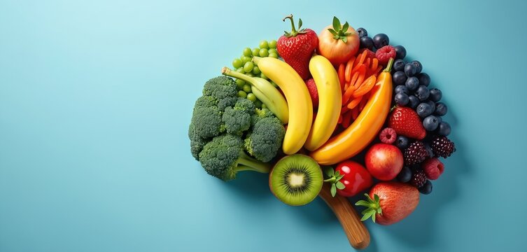 Fresh colorful fruits, green veggies form human brain shape on vibrant blue backdrop. Organic produce supports mental health, sharp memory, strong cognitive function. Healthy diet provides essential