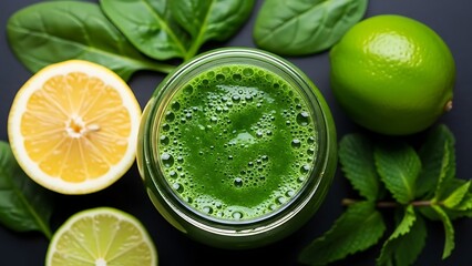 Close up shot of a green smoothie in a glass jar with lemon lime and spinach on a dark surface