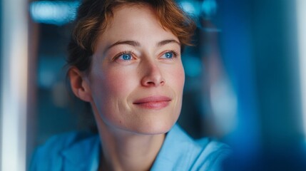 Woman looking at camera with blue eyes.