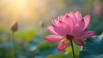 Pink lotus flower blooming in a pond garden