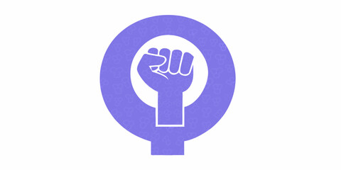 Feminist symbol with raised fist in lavender color on white background