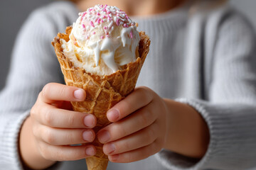 Child enjoys delicious ice cream cone topped with colorful sprinkles on a sunny day