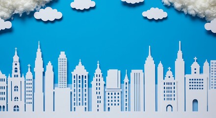 Obraz premium Paper cutout skyline under a blue sky with fluffy clouds