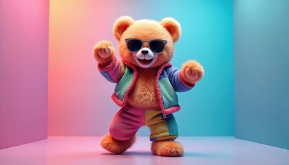 Smiling teddy bear dances in fashion outfit with sunglasses on bright studio background. Happy furry plush dances, enjoys colorful party, feels energy and fun. Toy bear celebrates holiday in style.