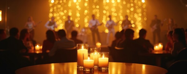 Candles glow on tables creating warm, inviting mood. Audience watches live band play music on stage. Event cozy, elegant atmosphere. People enjoy night concert indoors. Friends sit at round tables,