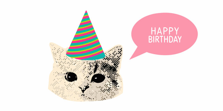 Happy birthday cat illustration with party hat and speech bubble - Powered by Adobe