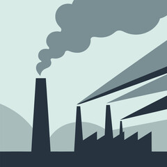 Industrial architecture illustration of a nuclear power station silhouette against an urban city skyline