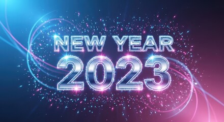 A dazzling New Year 2023 celebration with luminous accents and shimmering particles creates a