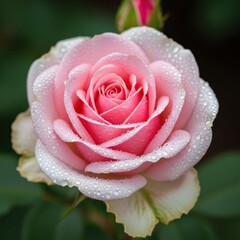 A delicate pink rose adorned with glistening droplets of water showcases nature's beauty