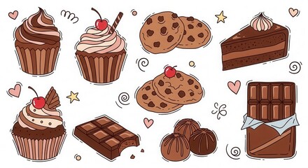 A delightful assortment of hand-drawn chocolate sweets and desserts evokes tempting indulgence and