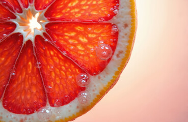 Close up of red grapefruit slice in liquid with many clear bubbles. Bright light shines through fresh juicy fruit texture. Abstract macro shows healthy vitamin rich citrus food. Provides natural,