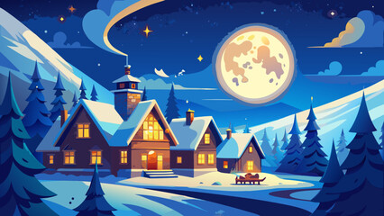 Fototapeta premium Houses covered in snow under a bright full moon