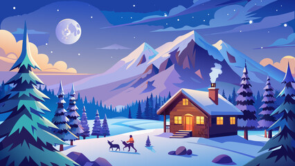 Cabin in winter snow with mountains and moonlight